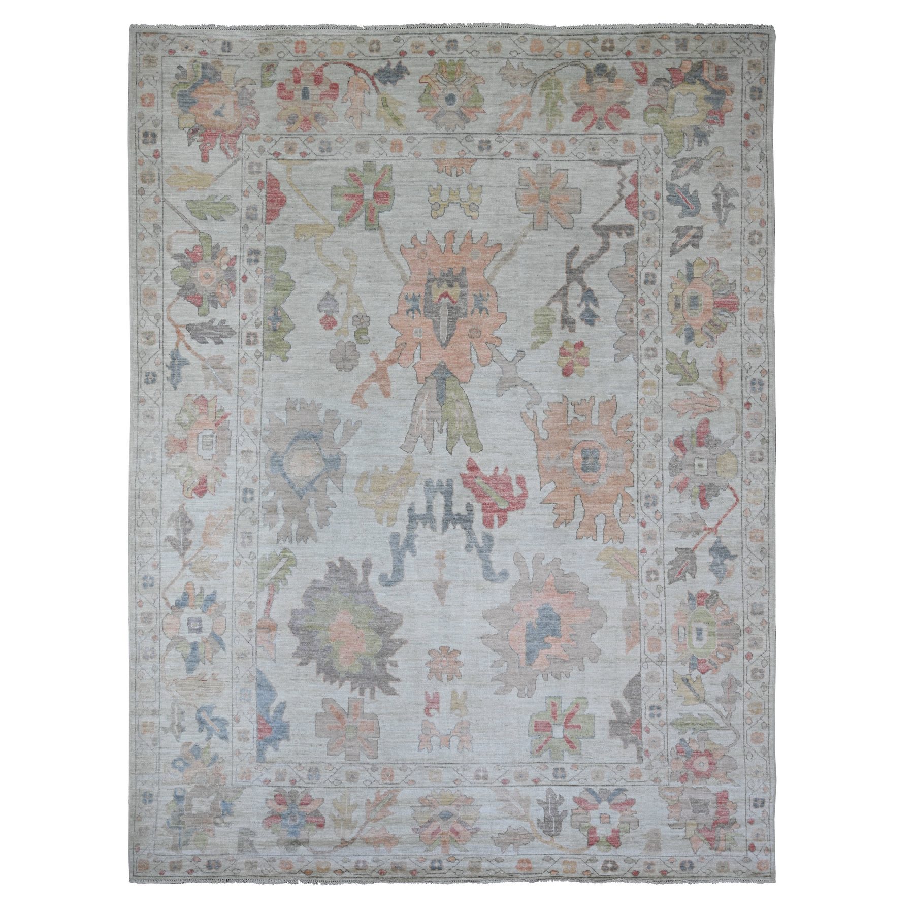 Coconut White, Afghan Angora Oushak with Colorful Leaf Design, Hand Knotted, 100% Wool, Vegetable Dyes, Oriental Rug